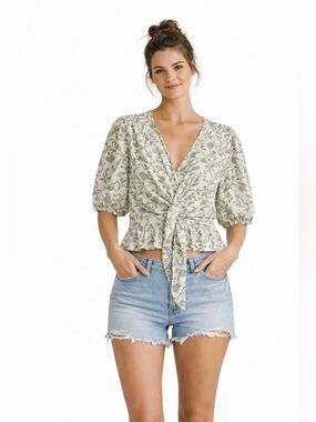 LUCYPARIS Floral Print Blouse in Cream Green Boho Festival Peplum Small